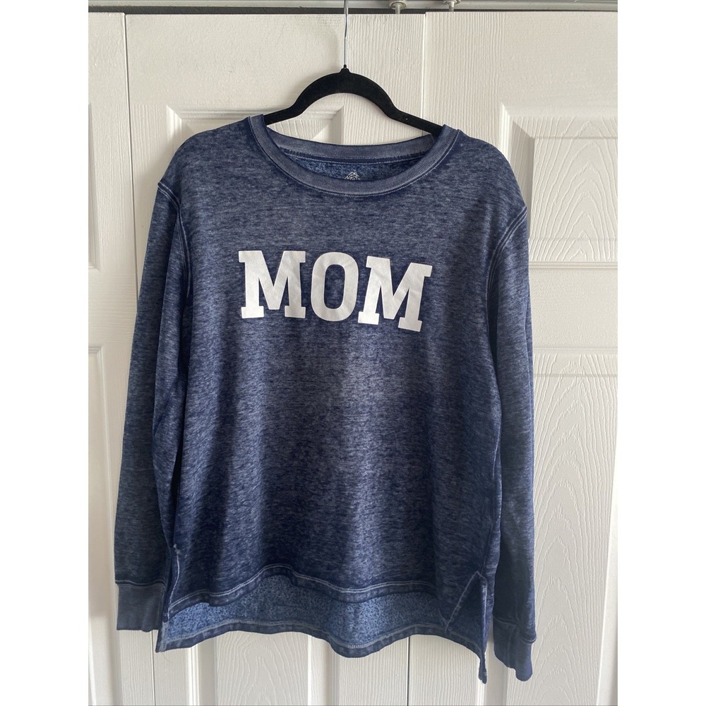 PositiviTees Mom Graphic Sweatshirt Womens Size L Blue Acid‎ Wash Fleece Cotton